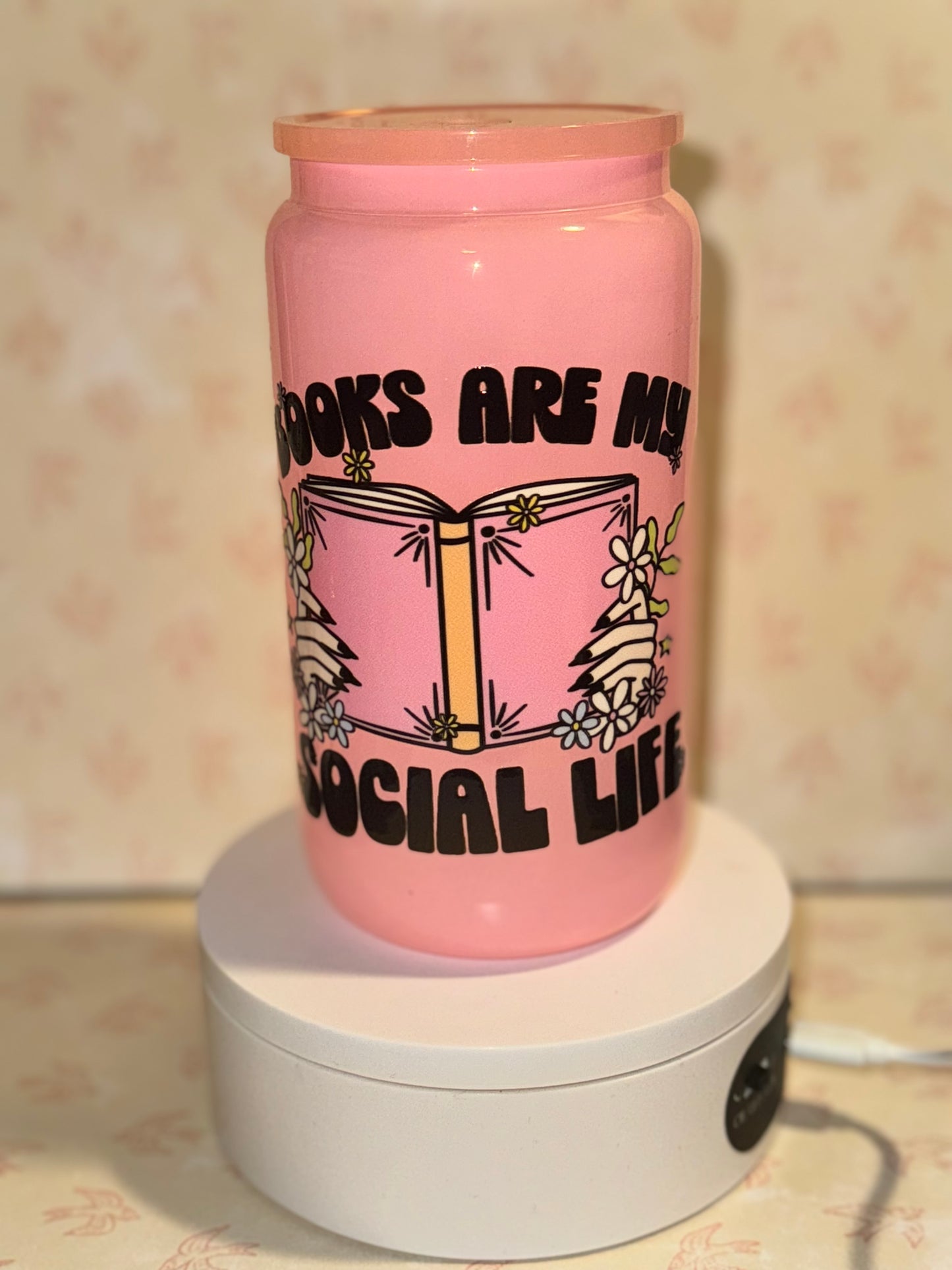Books are my social life pink Libby glass can