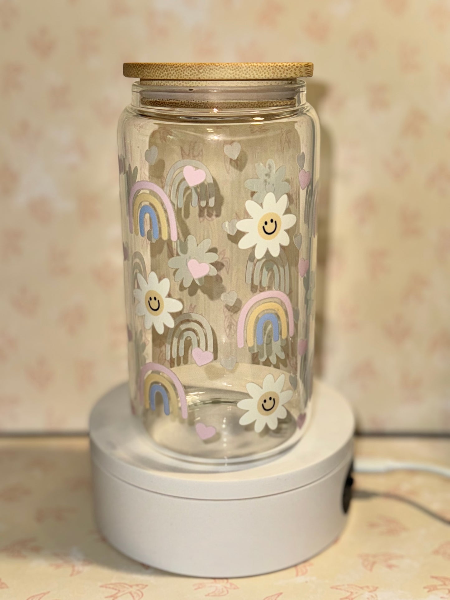 Rainbows and flowers Libby glass can