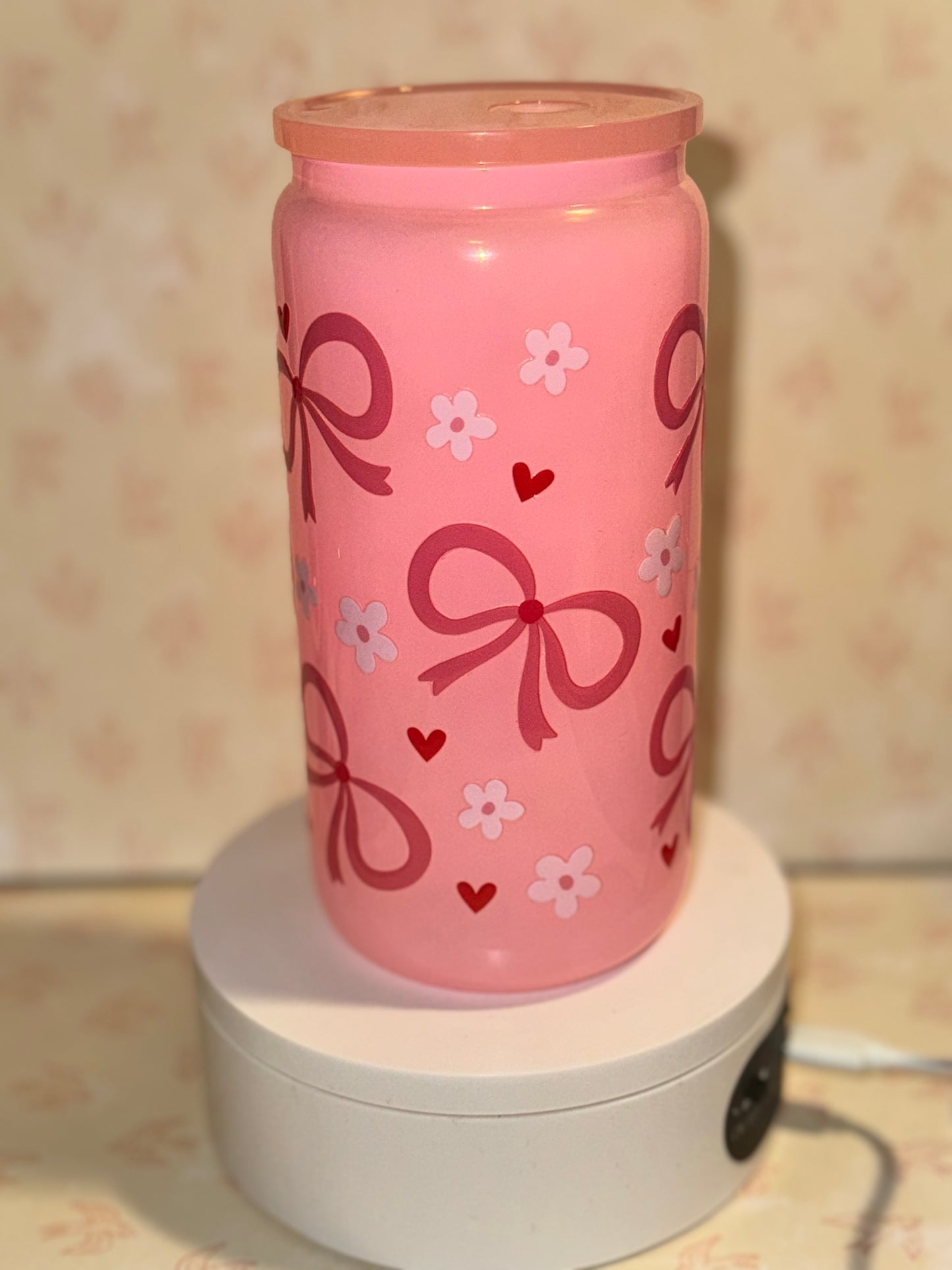 Floral Bow pink Libby glass can