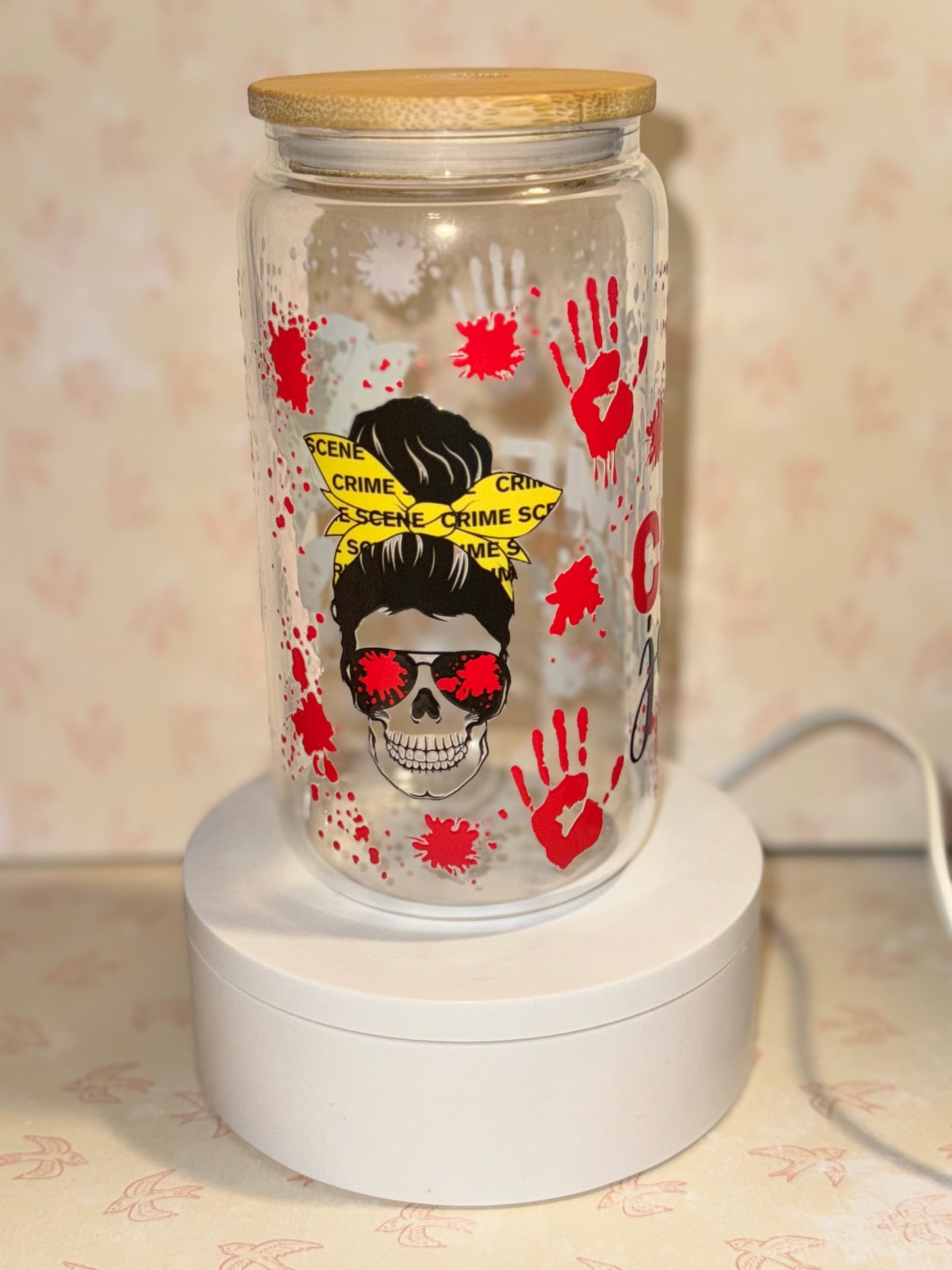 (Red) True crime Libby glass can