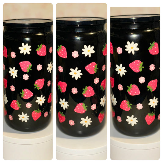 Strawberry w flowers black Libby glass can