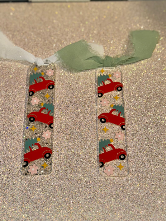 Christmas red truck clear acrylic bookmark