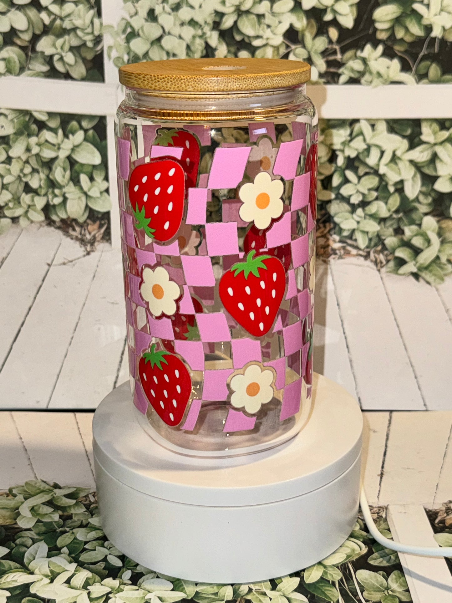 Strawberry checkered Libby glass can