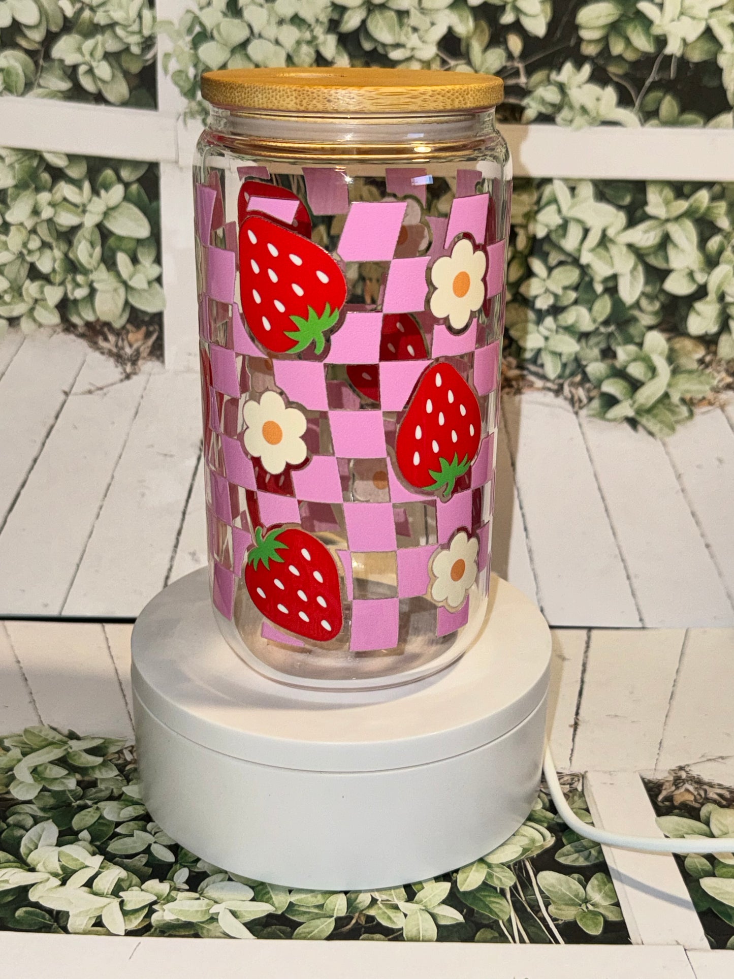 Strawberry checkered Libby glass can