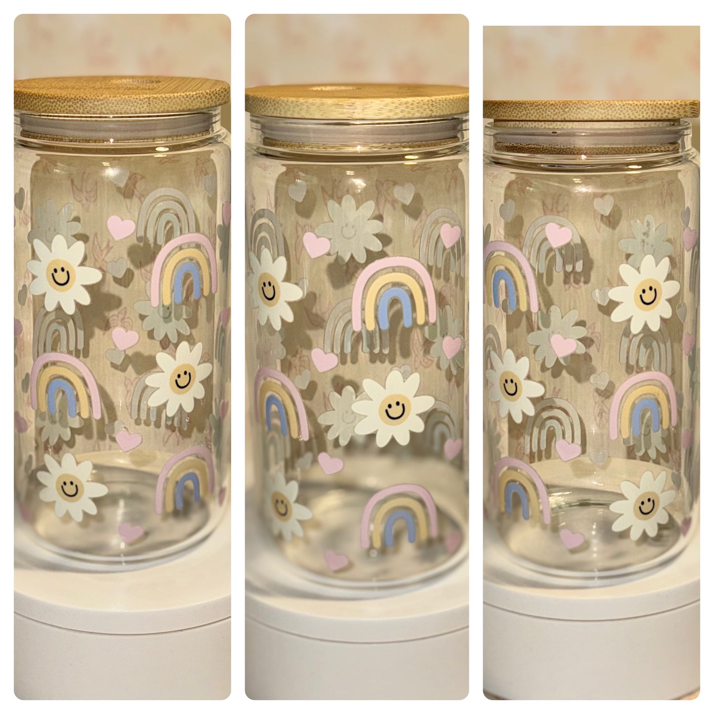 Rainbows and flowers Libby glass can