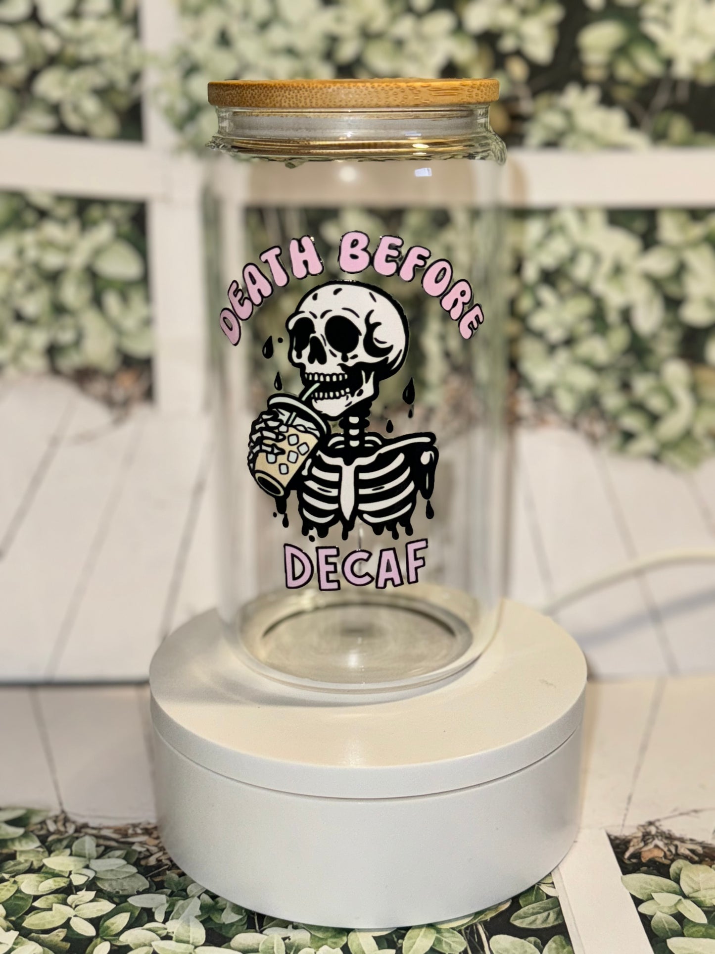 Death before decaf Libby glass can