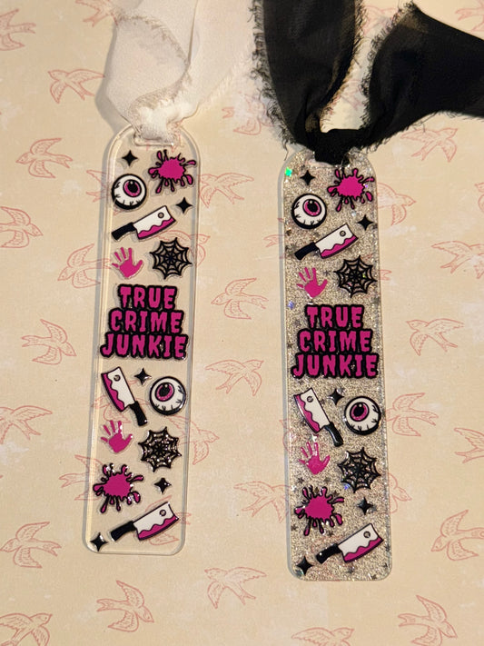 Glitter true crime acrylic bookmark