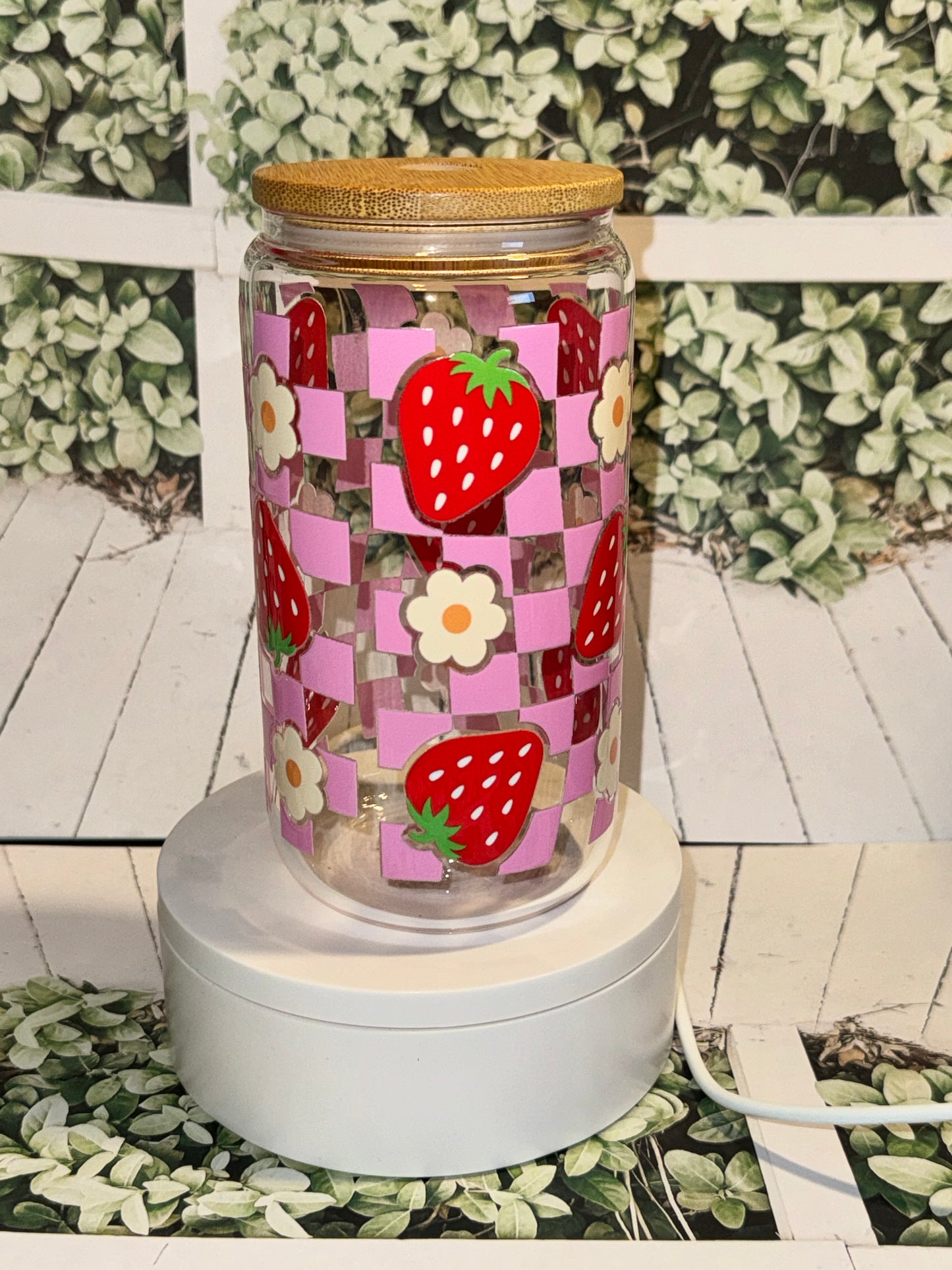 Strawberry checkered Libby glass can