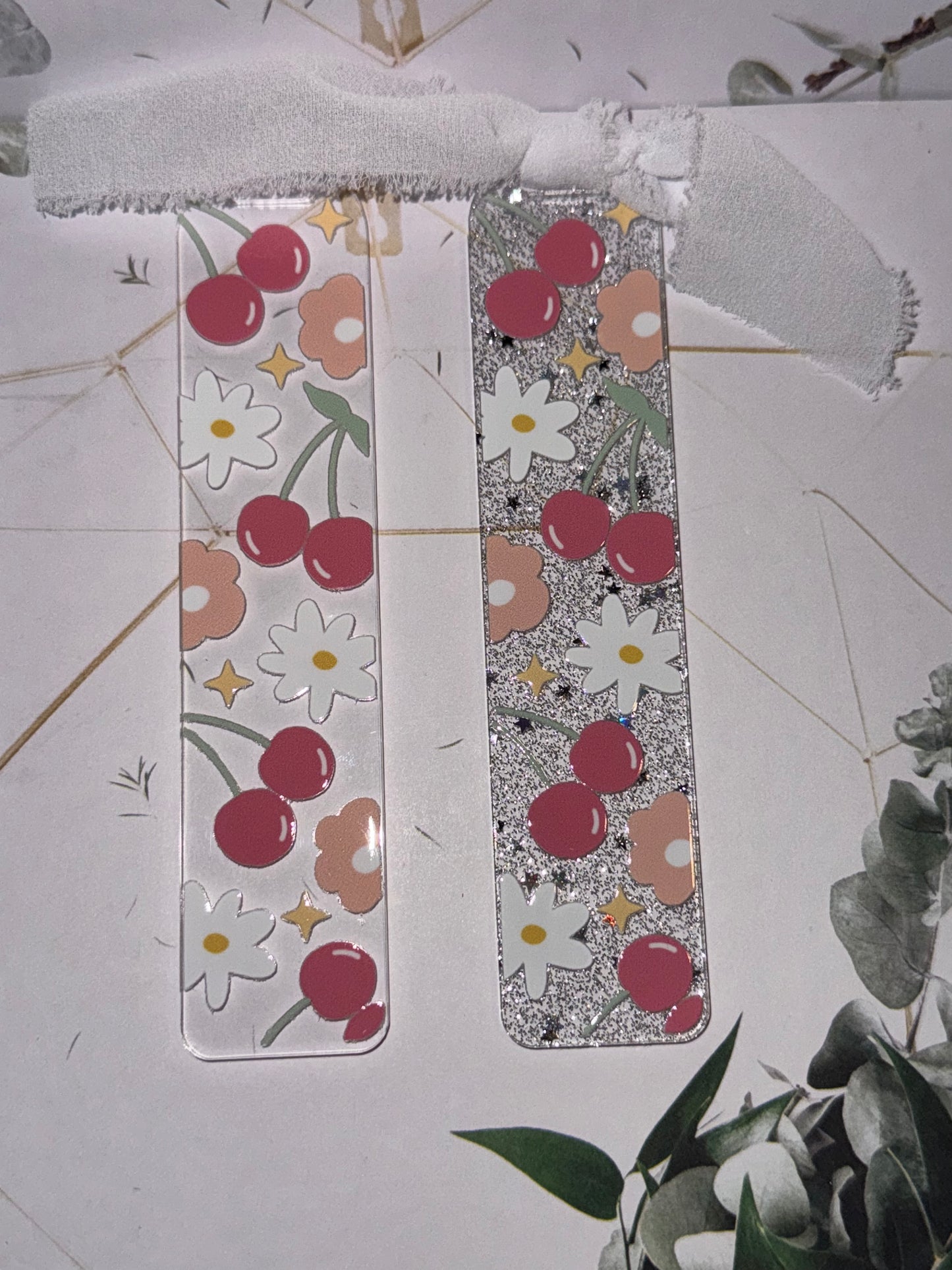 Cherry glitter acrylic bookmarks