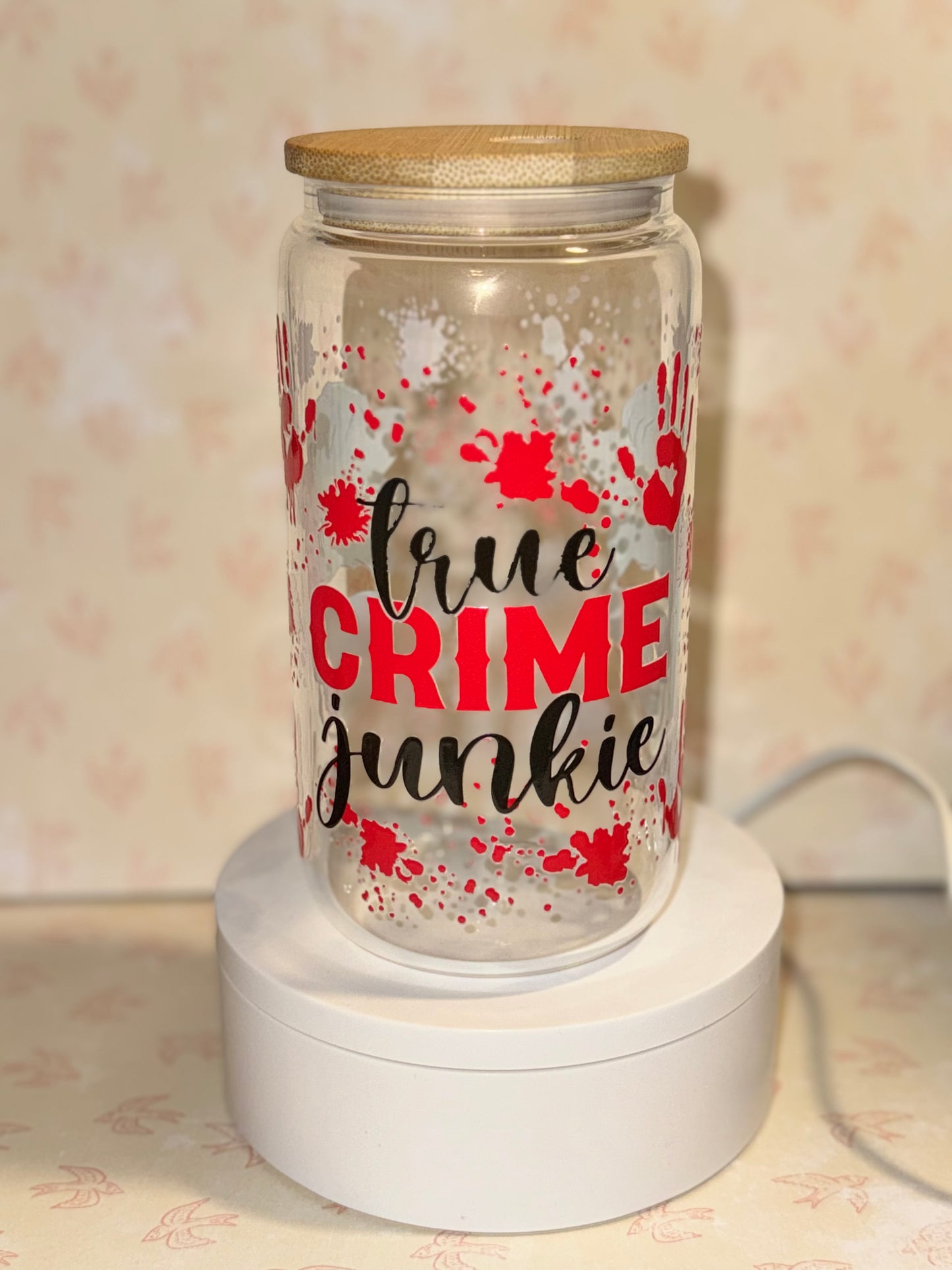 (Red) True crime Libby glass can