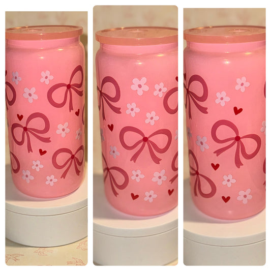 Floral Bow pink Libby glass can